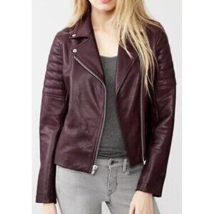 Gap Leather Moto Jacket Women's Size Small Burgundy Oxblood Biker Racer Coat